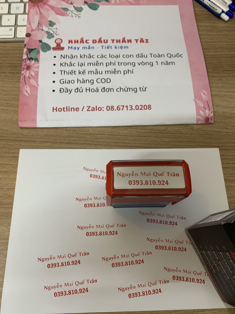 Khắc con dấu Tên và Số điện thoại Nguyễn Mai Quế Trân chuyên nghiệp