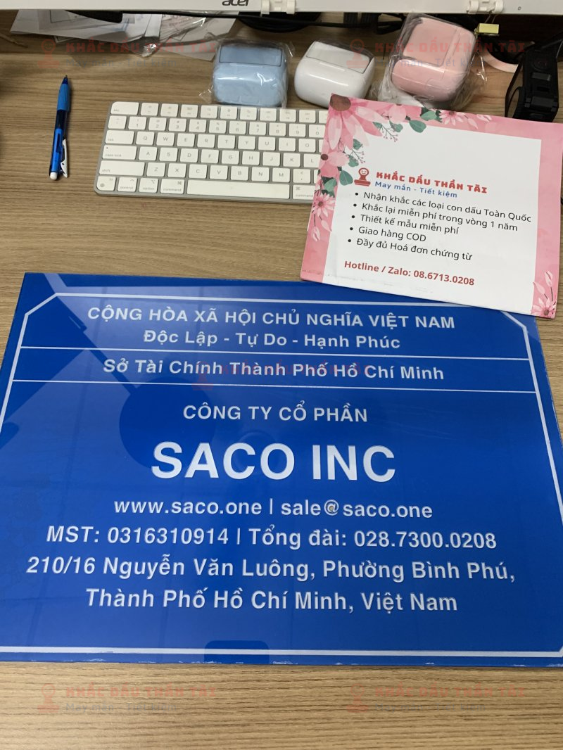 Làm bảng Mica cho Công ty Cổ Phần Saco Inc - Dịch vụ chuyên nghiệp tại Trung Tâm Khắc Dấu Thần Tài