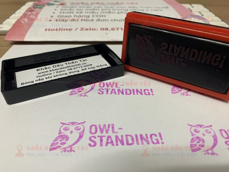 Khắc con dấu Chữ Owl_Standing màu hồng cho Giáo viên Trường quốc tế