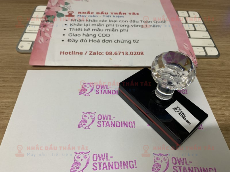 Khắc con dấu Chữ Owl_Standing màu hồng cho Giáo viên Trường quốc tế