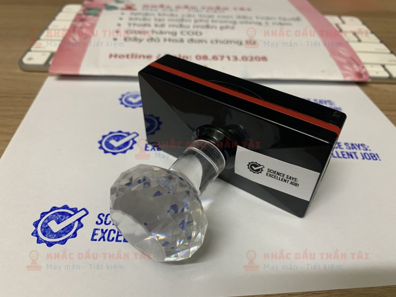Khắc con dấu Giáo viên Trường quốc tế chữ Science Says Excellent Job màu xanh dương