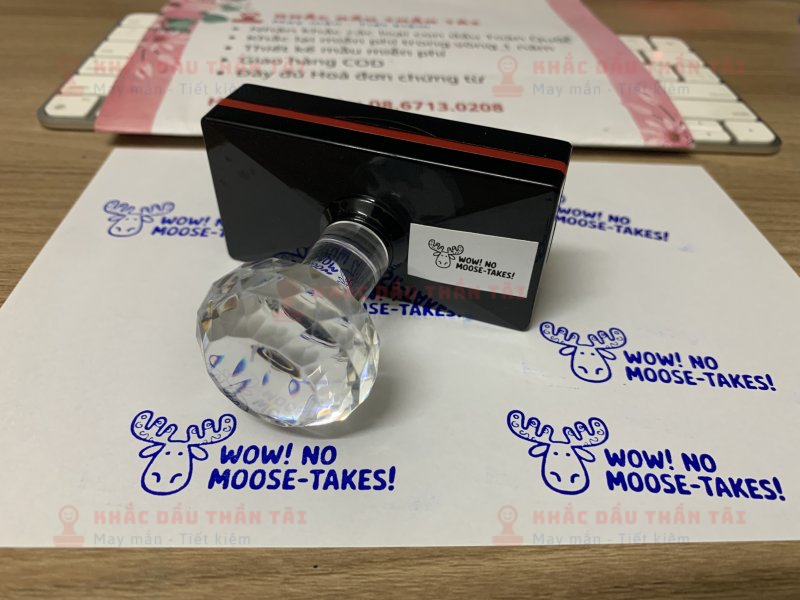 Khắc con dấu Giáo viên Trường quốc tế chữ Wow_No_Moose_Takes màu xanh dương