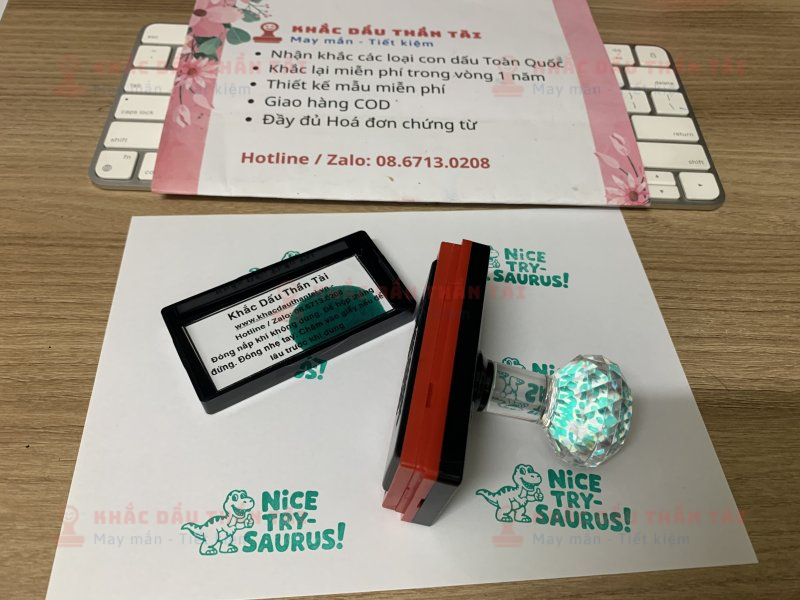 Khắc dấu Giáo viên Trường quốc tế chữ Nice_Try_Saurus màu Xanh Lá Cây