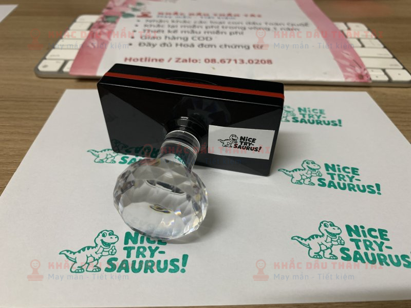 Khắc dấu Giáo viên Trường quốc tế chữ Nice_Try_Saurus màu Xanh Lá Cây