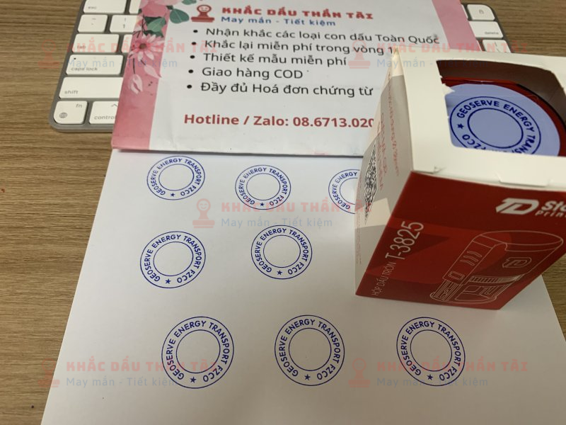 Khắc dấu QC theo yêu cầu, nội dung Geoserve Energy Transport FZCO, mực xanh
